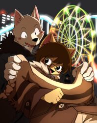  2017 amusement_park amusement_ride anthro blush brown_hair canid canine canis clothing cute_fangs digital_media_(artwork) domestic_cat domestic_dog duo eyewear felid feline felis ferris_wheel fur glasses hair interspecies male mammal manmosu_marimo open_mouth outside shota_feline_(marimo) smile tan_body tan_fur white_canine_(marimo) young young_anthro 