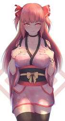  :q black_choker black_thighhighs blunt_bangs blush breasts character_request chinese_commentary choker cleavage collarbone commentary_request cowboy_shot female fingernails floral_print hair_ribbon half-closed_eyes hands_on_own_chest hands_up japanese_clothes jewelry kimono large_breasts leg_tattoo long_hair looking_at_viewer nikuku_(kazedesune) nose_blush obi pink_eyes pink_hair pink_kimono print_kimono red_ribbon ribbon ring sash seductive_smile shade shiny_skin sidelocks simple_background skull smile solo standing tattoo thighhighs tongue tongue_out two_side_up white_background wristband 