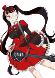  arisugawa_nino black_hair blunt_bangs bow carrying commentary_request dutch_angle electric_guitar eyepatch facial_tattoo female frilled_skirt frills fukumenkei_noise guitar hat highres holding holding_instrument instrument jacket long_hair long_sleeves looking_at_viewer medical_eyepatch medium_skirt mini_hat mini_top_hat parted_lips photoshop_(medium) purple_eyes red_bow red_jacket red_skirt shirt skirt solo standing tattoo top_hat twintails wan&#039;yan_aguda white_background white_shirt wide_sleeves 