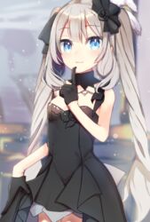  ameshizuku_natsuki black_dress black_gloves blue_eyes blush breasts cleavage closed_mouth commentary_request detached_collar dress fate/grand_order fate_(series) female gloves grey_hair hair_ribbon index_finger_raised long_hair looking_at_viewer marie_antoinette_(fate) marie_antoinette_(formal_dress)_(fate) official_alternate_costume ribbon short_dress small_breasts smile solo strapless strapless_dress twintails very_long_hair 