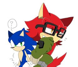  2017 amber_eyes anthro big_head biped black_eyewear black_glasses black_nose blue_body blue_fur blush bodily_fluids canid canine canis clenched_teeth clothing confusion custom_character_(sonic_forces) digital_media_(artwork) duo eulipotyphlan eyewear flying_sweatdrops frown fur gadget_the_wolf glasses gloves green_clothing green_eyes green_gloves green_handwear half-closed_eyes handwear hedgehog looking_at_another male mammal narrowed_eyes question_mark red_body red_fur sega sharp_teeth simple_background sonic_forces sonic_the_hedgehog sonic_the_hedgehog_(series) sonicsky2337 sweat sweatdrop teeth toony white_background white_clothing white_gloves white_handwear wolf 