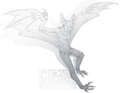  anthro barefoot bat bottomwear clothed clothing feet greyscale gutter_tongue male mammal monochrome pants simple_background solo tongue tongue_out topless white_background winged_arms wings 