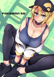  :q bad_id bad_twitter_id bare_shoulders baseball_cap between_legs blonde_hair blue_eyes blush breasts choker cleavage collarbone commentary_request copyright_name cropped_jacket dutch_angle female female_protagonist_(pokemon_go) fingerless_gloves gloves hand_between_legs hands_on_ground hat highres knees_up large_breasts leggings long_hair looking_at_viewer off_shoulder pokemon pokemon_go ponytail sacha shoes sitting smile sneakers socks solo stained_clothes sweat sweaty_clothes tank_top tongue tongue_out 