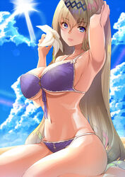  amasora_taichi bad_id bad_pixiv_id bare_shoulders bikini blonde_hair blue_eyes blue_sky breasts cleavage cloud collarbone commentary_request day diadem female flower front-tie_bikini_top front-tie_top granblue_fantasy hair_intakes hair_ornament hairband highres jeanne_d&#039;arc_(granblue_fantasy) jeanne_d&#039;arc_(summer)_(granblue_fantasy) large_breasts lily_(flower) lips navel official_alternate_costume pink_lips purple_bikini sitting sky solo stomach sun sunlight swimsuit white_flower 