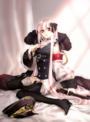  black_footwear black_thighhighs boots choker collarbone commentary female fur_trim girls&#039;_frontline gun high_heel_boots high_heels highres kar98k_(girls&#039;_frontline) long_hair looking_at_viewer photoshop_(medium) pink_hair red_eyes rifle sitting solo spinel_(9057) thigh_boots thighhighs very_long_hair wariza weapon 