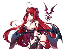  ahoge bare_shoulders blush breasts cleavage demon_girl demon_wings double_bun erze_(king&#039;s_raid) female gloves hair_bun highres king&#039;s_raid large_breasts long_hair orb red_eyes red_hair red_nails thighhighs very_long_hair wings yan_lie 