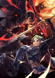  2boys alm_(fire_emblem) anocurry armor berkut_(fire_emblem) black_armor black_hair blood cape commentary_request fire_emblem fire_emblem_echoes:_shadows_of_valentia fur_trim gloves green_eyes green_hair headband holding holding_weapon left-handed male_focus multiple_boys red_eyes rinea_(fire_emblem) short_hair smile spoilers sword weapon 