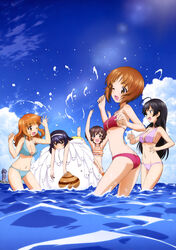  5girls :d ;d absurdres akiyama_yukari araippe arms_up ass bare_legs bikini black_hair blue_bikini blush breasts brown_eyes brown_hair cleavage cloud day girls_und_panzer grey_eyes hairband highres inflatable_toy isuzu_hana lens_flare lying medium_breasts multiple_girls navel nishizumi_miho ocean official_art on_stomach one_eye_closed ooarai_marine_tower open_mouth orange_hair outdoors purple_bikini reizei_mako sideboob sky sleepy small_breasts smile splashing striped_bikini striped_clothes swimsuit takebe_saori wading water waves wet 