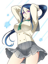  blue_hair commentary_request female grey_skirt hair_between_eyes hair_tie hair_tie_in_mouth khnchak long_hair looking_at_viewer love_live! love_live!_sunshine!! matsuura_kanan mouth_hold pleated_skirt purple_eyes school_uniform serafuku skirt solo star_(symbol) tying_hair uranohoshi_school_uniform 