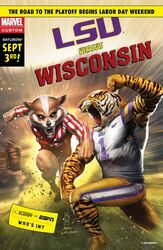  2016 american_football anthro badger bucky_badger clothing college_football english_text espn felid fight fist honey_badger louisiana_state_university lsu_tigers male mammal marvel mascot mike_the_tiger muscular mustelid musteline ncaa nike official_art open_mouth pantherine shirt sport text text_on_clothing text_on_shirt text_on_topwear tiger topwear university_of_wisconsin unknown_artist wisconsin wisconsin_badgers 