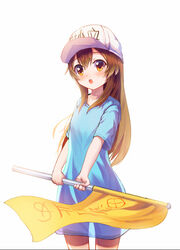  blue_dress brown_eyes brown_hair commentary dress female flag hat hataraku_saibou highres long_hair open_mouth photoshop_(medium) platelet_(hataraku_saibou) roon_(ddeer2010) see-through_silhouette simple_background solo translated white_background 