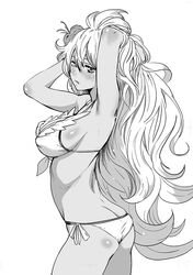  adjusting_hair armpits ass bikini body_blush breasts commentary_request cowboy_shot dark-skinned_female dark_skin female flat_ass flower granblue_fantasy greyscale hair_flower hair_ornament long_hair medium_breasts monochrome nekoi_mie profile side-tie_bikini_bottom solo swimsuit very_long_hair white_bikini zooey_(granblue_fantasy) zooey_(summer)_(granblue_fantasy) 