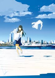  black_eyes black_hair carrying city cloud commentary_request day female laundry_basket long_hair looking_to_the_side loundraw motomachi_cleaning-ya_yokohama_cendrillion photo_background shadow shiraishi_sarasa shirt sky solo walking water wind yokohama_landmark_tower 