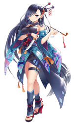  bare_shoulders black_eyes black_hair breasts caravan_stories closed_mouth commentary dagger eyes_visible_through_hair female full_body hair_over_one_eye highres japanese_clothes kimono kiseru knife large_breasts long_hair looking_at_viewer misakura_julio original photoshop_(medium) smile smoking_pipe solo standing thigh_strap weapon zenyu 