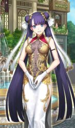  alternate_costume blue_eyes china_dress chinese_clothes commentary_request craft_essence_(fate) double_bun dress earrings fate/grand_order fate_(series) female fountain gloves gold_trim hair_bun hair_ornament hair_ribbon head_tilt jewelry long_dress long_hair looking_at_viewer martha_(fate) martha_(traveling_outfit)_(fate) official_art purple_hair ribbon sakamoto_mineji side_slit solo steepled_fingers twintails very_long_hair white_gloves 