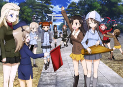  6+girls :d ;) absurdres aki_(girls_und_panzer) arm_up asymmetrical_bangs azumi_(girls_und_panzer) black_bow black_footwear black_hair black_hairband black_hat black_skirt blonde_hair blue_eyes blue_hat blue_jacket blue_skirt blue_sky boots bow braid breasts brown_eyes brown_footwear brown_hair brown_hat brown_jacket chi-hatan_military_uniform clara_(girls_und_panzer) cleavage cloud cup day flag floating_hair fukuda_haru girls_und_panzer green_jacket grey_jacket grey_legwear grey_pants grey_skirt grey_sweater hairband hairbow hands_in_pockets hat highres holding holding_cup holding_flag instrument jacket kantele keizoku_military_uniform keizoku_school_uniform knee_boots kneehighs long_hair medium_breasts megumi_(girls_und_panzer) mika_(girls_und_panzer) mikko_(girls_und_panzer) miniskirt multiple_girls nishi_kinuyo official_art one_eye_closed open_mouth outdoors pants pants_under_skirt pencil_skirt pleated_skirt pravda_military_uniform red_hair red_jacket red_shirt rosehip_(girls_und_panzer) rumi_(girls_und_panzer) school_uniform selection_university_military_uniform shimada_arisu shirt skirt sky smile socks st._gloriana&#039;s_military_uniform striped sweater teacup torii tree tulip_hat twin_braids twintails vertical_stripes yellow_jacket yellow_skirt yoshida_nobuyoshi 