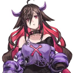  ahoge bare_shoulders belt_collar black_collar black_shirt breasts brown_hair buckle collar collarbone commentary crop_top demon_girl demon_horns detached_sleeves expressionless female hair_between_eyes hair_flaps head_tilt horns long_hair looking_at_viewer medium_breasts multicolored_hair nijisanji off-shoulder_shirt off_shoulder parted_bangs parted_lips purple_shirt red_eyes red_hair shirt shu-mai simple_background sleeves_past_fingers sleeves_past_wrists solo striped torn_clothes two-tone_hair upper_body virtual_youtuber white_background yamiyono_moruru yamiyono_moruru_(1st_costume) 