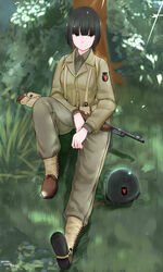  absurdres bad_id bad_pixiv_id black_eyes black_hair bob_cut combat_helmet commentary_request dated female gun helmet highres looking_at_viewer m1_carbine m1_helmet military military_uniform nguyen_tam_lee original rifle short_hair sitting solo uniform unworn_headwear unworn_helmet weapon world_war_ii 