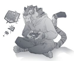  anthro barefoot bottomwear capcom clothed clothing controller dualshock_4 elder_dragon eyewear fangs feet felid fur game_controller glasses greyscale gutter_tongue hoodie male mammal monochrome monster_hunter nergigante pantherine pants playstation playstation_4 playstation_controller sabertooth_(anatomy) solo sony_corporation sony_interactive_entertainment striped_body striped_fur stripes teeth tiger topwear 