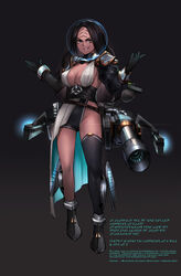  absurdres alien armor asymmetrical_clothes black_background black_hair black_thighhighs boots bracer breasts brown_eyes center_opening cleavage d7_k&#039;tinga dark-skinned_female dark_skin english_text facial_mark female forehead forehead_mark full_body gloves headgear highres klingon large_breasts long_hair long_sleeves looking_at_viewer mecha_musume neonbeat pauldrons personification puffy_sleeves rigging sash shoulder_armor simple_background single_thighhigh smile smirk solo source_request standing star_trek thighhighs v-shaped_eyebrows w_arms 