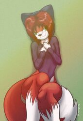  anthro canid canine clothing domestic_cat felid feline felis female fluffy fluffy_tail fox fur green_eyes hair hood hoodie_leotard hybrid linda_wright looking_at_viewer mammal red_body red_fur red_hair smile smirk solo tail terdburgler topwear 