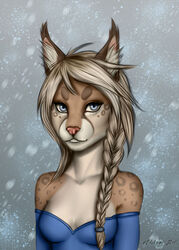  2015 anthro ariyah_(meg) bare_shoulders blonde_hair blue_eyes braided_hair breasts clothed clothing digital_media_(artwork) disney etskuni eurasian_lynx eyelashes felid feline female frozen_(movie) hair hi_res looking_at_viewer lynx mammal pink_nose queen_elsa_(frozen) solo teeth 