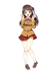  :d blush brown_eyes brown_hair commentary_request double_v female highres idolmaster idolmaster_cinderella_girls khnchak kneehighs long_hair one_side_up open_mouth pigeon-toed plaid plaid_skirt shimamura_uzuki simple_background skirt smile socks solo v white_background white_socks 