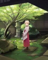  ahoge bad_id bad_pixiv_id blonde_hair blush boots closed_mouth day fate_(series) female garden grass green_eyes high_heels highres hinoshita_akame japanese_clothes koha-ace long_skirt long_sleeves looking_at_viewer meiji_schoolgirl_uniform okita_souji_(fate) okita_souji_(koha-ace) outdoors plant pleated_skirt red_skirt skirt smile solo standing tree wall wide_sleeves 