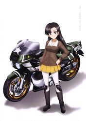  absurdres asymmetrical_bangs black_footwear black_hair boots breasts brown_eyes brown_jacket chi-hatan_military_uniform cleavage collarbone copyright_name female girls_und_panzer hand_on_own_hip head_tilt highres jacket knee_pads long_hair looking_at_viewer medium_breasts military military_uniform miniskirt motor_vehicle motorcycle nishi_kinuyo official_art pantyhose pleated_skirt race_vehicle simple_background skirt smile solo uniform white_background white_pantyhose yellow_skirt yoshida_nobuyoshi 