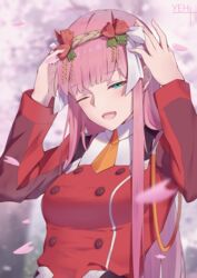  ;d blunt_bangs breasts cherry_blossoms commentary_request darling_in_the_franxx female flower green_eyes hair_flower hair_ornament hair_ribbon long_hair medium_breasts necktie one_eye_closed open_mouth orange_necktie pink_hair red_flower ribbon short_necktie smile solo upper_body very_long_hair white_ribbon yeh_(354162698) zero_two_(darling_in_the_franxx) 