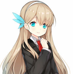  blue_eyes blush closed_mouth collared_shirt commentary feather_hair_ornament feathers female formal hair_between_eyes hair_ornament hairband hand_up head_tilt lexington_(cv-16)_(warship_girls_r) light_brown_hair long_hair long_sleeves looking_at_viewer shirt simple_background smile solo suit symbol-only_commentary tareme tengxiang_lingnai undershirt upper_body very_long_hair warship_girls_r white_background white_shirt 