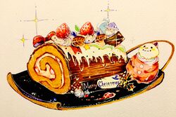  absurdres amakawa_tamawo bad_id bad_pixiv_id bow christmas facial_hair food food_focus fruit hat highres leaf marker_(medium) merry_christmas no_humans original purple_hat red_bow smile snowman star_(symbol) still_life strawberry traditional_media wizard_hat yule_log_(cake) 