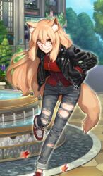  animal_ear_fluff animal_ears black_jacket brown_eyes commentary_request craft_essence_(fate) denim fate/grand_order fate_(series) female fountain fox_ears fox_girl fox_tail glasses hands_in_pockets jacket jeans leaf leaning_forward leather leather_jacket leg_up light_brown_hair long_hair looking_at_viewer maple_leaf oerba_yun_fang official_art outdoors pants red-framed_eyewear shoes smile sneakers solo suzuka_gozen_(fate) suzuka_gozen_(traveling_outfit)_(fate) tail takenoko_seijin torn_clothes torn_jeans torn_pants 