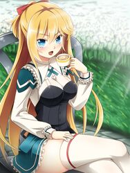  :d absolute_duo blush bow breasts chair commentary_request crossed_legs cup female flower grass hairbow highres khnchak large_breasts lilith_bristol long_hair looking_at_viewer open_mouth red_bow sitting smile thighhighs white_legwear zettai_ryouiki 