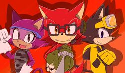  2017 anthro big_head black_nose canid canine clothing custom_character_(sonic_forces) domestic_cat eyewear fan_character felid feline felis female fuchsia_the_cat fur gadget_the_wolf glasses gloves group handwear male mammal sega sharp_teeth sonic_forces sonic_the_hedgehog_(series) sonicsky2337 teeth toony 