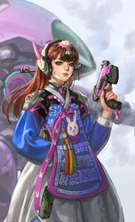  absurdres adapted_costume animal_print arm_cannon armor bodysuit braid brown_eyes brown_hair charm_(object) commentary cowboy_shot crown_braid d.va_(overwatch) eyelashes eyeliner eyeshadow facepaint facial_mark female finger_on_trigger fingernails gatling_gun gun hair_ornament hair_stick hanbok hand_up handgun highres holding holding_gun holding_weapon korean_clothes light_smile lips lipstick long_fingernails long_hair looking_at_viewer makeup mascara md5_mismatch mecha meka_(overwatch) nose overwatch overwatch_1 parted_lips pauldrons photoshop_(medium) pink_lips rabbit_print ribbed_bodysuit robot shaonav shoulder_armor shoulder_pads single_braid solo tassel weapon whisker_markings 