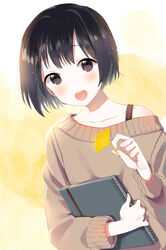  bad_id bad_pixiv_id black_eyes black_hair blush bob_cut collarbone female furururu looking_at_viewer notebook open_mouth original pale_skin short_hair smile solo upper_body 