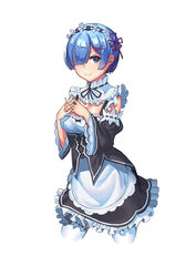  apron bad_id bad_pixiv_id beudyek black_dress blue_eyes blue_hair blush breasts closed_mouth commentary cowboy_shot detached_sleeves dress english_commentary female frilled_dress frills hair_ornament hair_over_one_eye hair_ribbon hands_up highres interlocked_fingers juliet_sleeves long_sleeves looking_at_viewer maid medium_breasts photoshop_(medium) puffy_sleeves purple_ribbon re:zero_kara_hajimeru_isekai_seikatsu rem_(re:zero) ribbon ribbon-trimmed_legwear ribbon_trim roswaal_mansion_maid_uniform short_hair sidelocks simple_background sleeveless sleeveless_dress smile solo thighhighs waist_apron white_apron white_background white_thighhighs wide_sleeves x_hair_ornament 