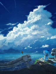  barefoot blue_dress blue_hat blue_sky cloud commentary_request contrail dress female grass guard_rail hat highres original outdoors ruins scenery short_sleeves sitting sky solo sorakuma_(oycue41) summer 