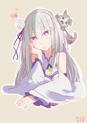  artist_name bad_id bad_pixiv_id bare_shoulders emilia_(re:zero) feline female flower grey_hair hair_flower hair_ornament hair_ribbon long_hair looking_at_viewer puck_(re:zero) purple_eyes re:zero_kara_hajimeru_isekai_seikatsu ribbon smile tochibi white_flower wide_sleeves x_hair_ornament 