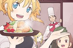  2boys 3girls :d aletta black_eyes blue_eyes brown_eyes buttons chef chef_hat commentary_request cup dot_nose double-breasted eating elf facial_hair fardania food fork fruit furry furry_male gaganpo hand_on_own_hip hand_up hat holding holding_fork holding_tray indoors isekai_shokudou jpeg_artifacts kugatsu_takaaki lemon lemon_slice lizardman looking_at_another looking_at_viewer looking_up multiple_boys multiple_girls open_hand open_mouth plate pointy_ears ponytail puffy_sleeves round_teeth sarah_gold scarf short_sleeves shrimp shrimp_tempura smile tareme teeth tempura tenshu_(isekai_shokudou) tomato tongue tray tsurime unfinished upper_body upper_teeth_only waitress 