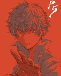  1boy hand_up jpeg_artifacts karasumareko kurusu_akira looking_at_viewer monochrome persona persona_5 red_background short_hair simple_background smile solo text upper_body 