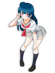  black_footwear black_socks blue_hair closed_mouth commentary_request female full_body hand_on_own_knee khnchak kneehighs leaning_forward long_hair looking_at_viewer love_live! love_live!_sunshine!! red_eyes school_uniform serafuku shoes simple_background socks solo tsushima_yoshiko uranohoshi_school_uniform white_background 