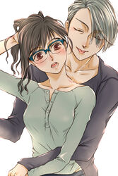  1boy black_hair blue-framed_eyewear brown_eyes closed_eyes commentary_request female genderswap_(mtf) glasses grey_hair hickey highres hug hug_from_behind katsuki_yuuri marine_(1894271) ponytail rule_63 saliva saliva_trail straight tongue tongue_out viktor_nikiforov yuri!!!_on_ice 