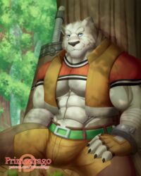  2017 5_fingers abs anthro bandage belt biceps biped blue_eyes bottomwear bracelet claws clothed clothing felid fingerless_gloves fingers front_view fur gloves grimoire_of_zero handwear hi_res jewelry kemono leucistic male mammal melee_weapon mercenary_(grimoire_of_zero) muscular muscular_anthro muscular_male outside pantherine pants patreon patreon_logo pecs plant primodrago shirt sitting smile solo sword text tiger topwear tree url vest weapon white_body white_fur 