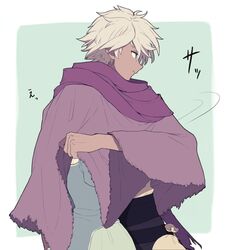  1boy bandages blonde_hair cloak commentary cordelia_ravus covered_face dark_skin dress female hair_between_eyes long_hair octopath_traveler octopath_traveler_i scarf shared_clothes short_hair tekutonbo therion_(octopath_traveler) white_hair 