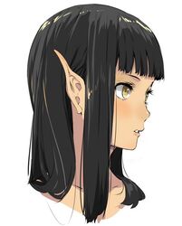  black_hair blunt_bangs collarbone commentary_request elf enami_katsumi expressionless eyelashes female isekai_shokudou jpeg_artifacts kuro_(isekai_shokudou) long_hair looking_away parted_lips pointy_ears portrait simple_background solo teeth white_background yellow_eyes 