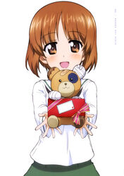  :d absurdres black_neckerchief blush boko_(girls_und_panzer) brown_eyes brown_hair copyright_name female girls_und_panzer highres holding holding_stuffed_toy neckerchief nishizumi_miho official_art ooarai_school_uniform open_mouth school_uniform serafuku shirt short_hair simple_background skirt smile solo stuffed_animal stuffed_toy upper_body white_background white_shirt yoshida_nobuyoshi 