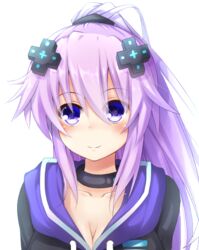  adult_neptune alternate_hairstyle breasts choker cleavage collarbone commentary_request d-pad d-pad_hair_ornament doria_(p_f_dolia) female hair_ornament hairband hairclip hood hooded_jacket jacket long_hair looking_at_viewer medium_breasts neptune_(series) ponytail purple_eyes purple_hair shin_jigen_game_neptune_vii smile solo 