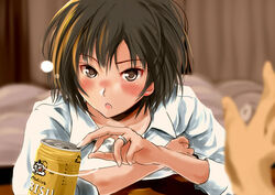  :o aged_up alcohol amagami bed beer blush brown_eyes brown_hair can collarbone collared_shirt commentary_request curtains drunk female indoors jewelry looking_at_viewer md5_mismatch murasaki_iro nanasaki_ai open_mouth out_of_frame pov ring shirt short_hair solo_focus upper_body wedding_ring white_shirt wing_collar yebisu 